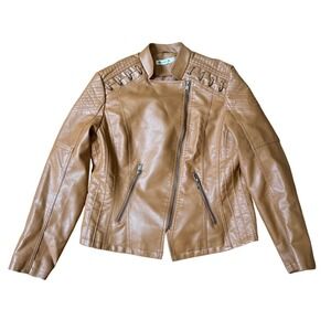 Modful‎ Moto Jacket Women Tan Faux Leather Quilted Biker SIZE XL